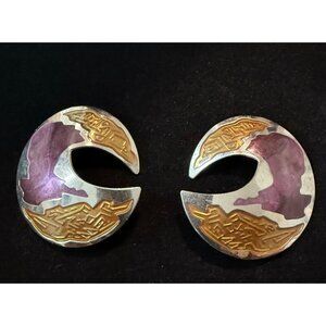 Vintage Berébi Crescent Earrings With Purple & Gold Enamel Design